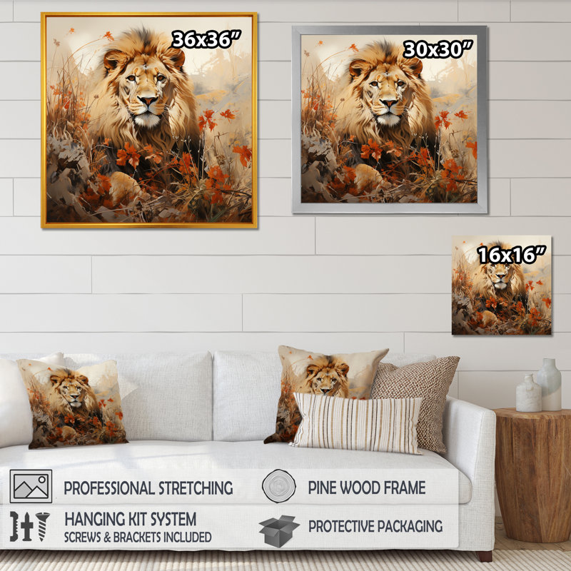«Lion Savannah Dreams», reproduction sur toile, Cadre simple noir, H 24 po x l 24 po x P 1 po