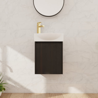 16" Single Floating Bathroom Vanity With Ceramic Basin Sink Top, Wall Mounted Bathroom Vanity With 1 Door