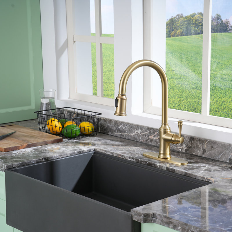 Brushed Gold Single Handle Pull-Out Kitchen Faucet with Deck Plate