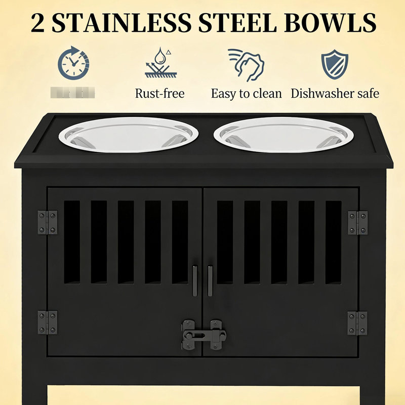 Mangeoire pour chien surélevée avec bols et rangement pour grands chiens - style moderne, acier inoxydable noir, hauteur de 23,5 po à 29,5 po au niveau de l'épaule, 2 bols amovibles de 67,6 oz, conception de station de nourriture de 37 L, armoire