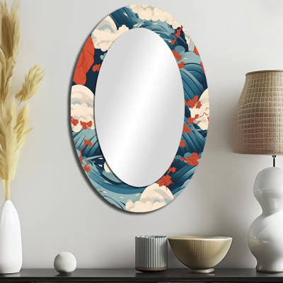 Ukiyo Japanese Woman In Retro Waves - Red Glam Oval Wall Mirror