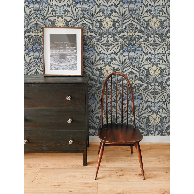 Craw Peel & Stick Floral Roll, Charcoal/Carolina Blue