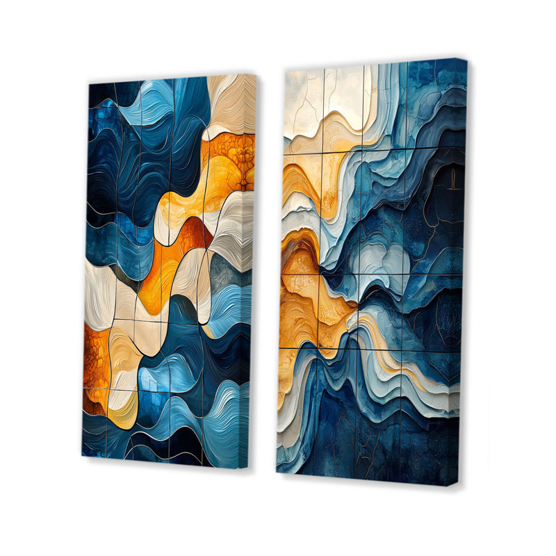 Brun et bleu Odyssey Tiles I - ensemble d'art mural côtier 2 pièces, H 32 po x l 32 po, Toile tendue sur cadre