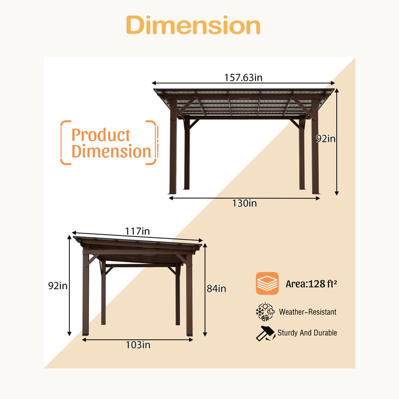 Abri de jardin en bois de 13 x 10 pi avec toit en métal, structure de patio extérieure spacieuse pour la cour et le jardin