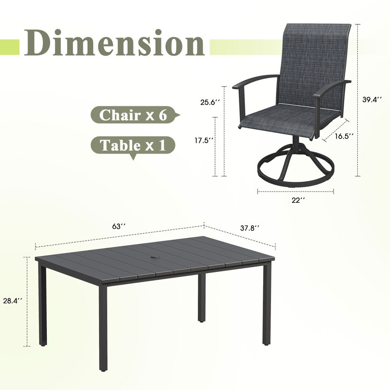 6-Person Rectangular Patio Dining Set With 360° Swivel PVC-coated polyester Chairs, Black/Gray