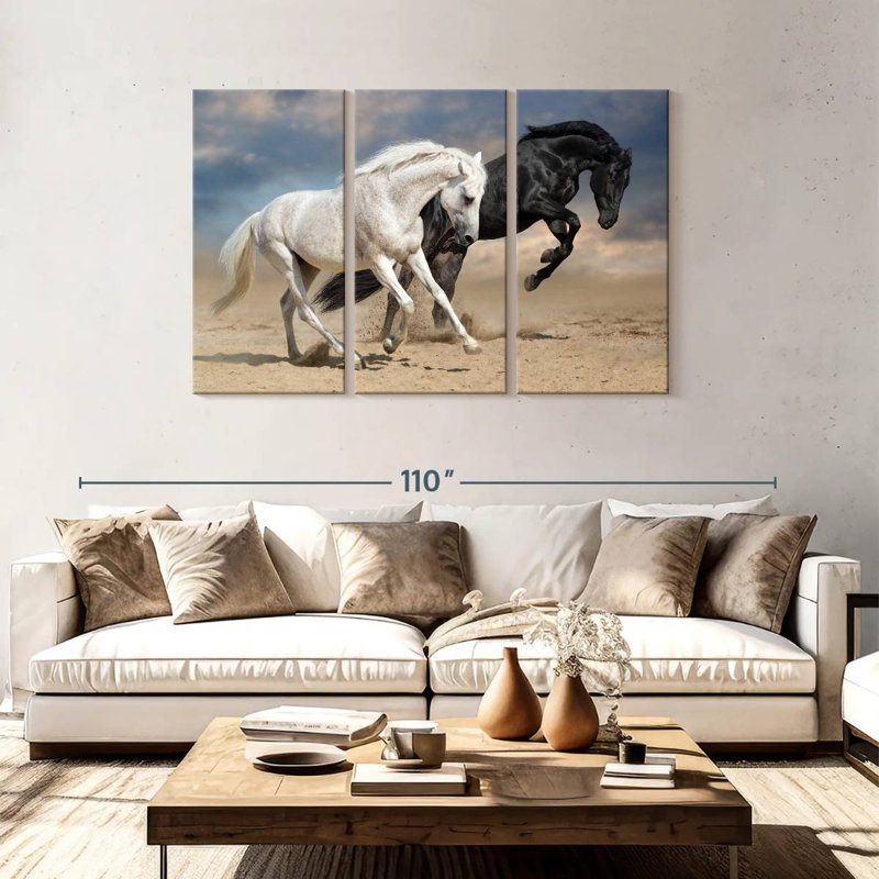 Chevaux noirs et blancs Brampt, H 48 po x l 74 po