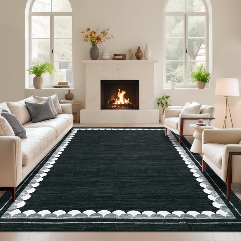 Machine Washable Modern Bordered Rug Non Slip Rug Contemporary Geometric Foldable Rugs for Living Room Bedroom Playroom Nursery Dorm
