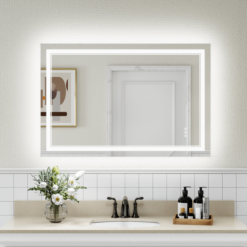 Aolaith Wall Mounted Rectangular Frameless Anti Fog LED Light Bathroom Mirror,Dimmable Vanity Mirror, 32" x 48"