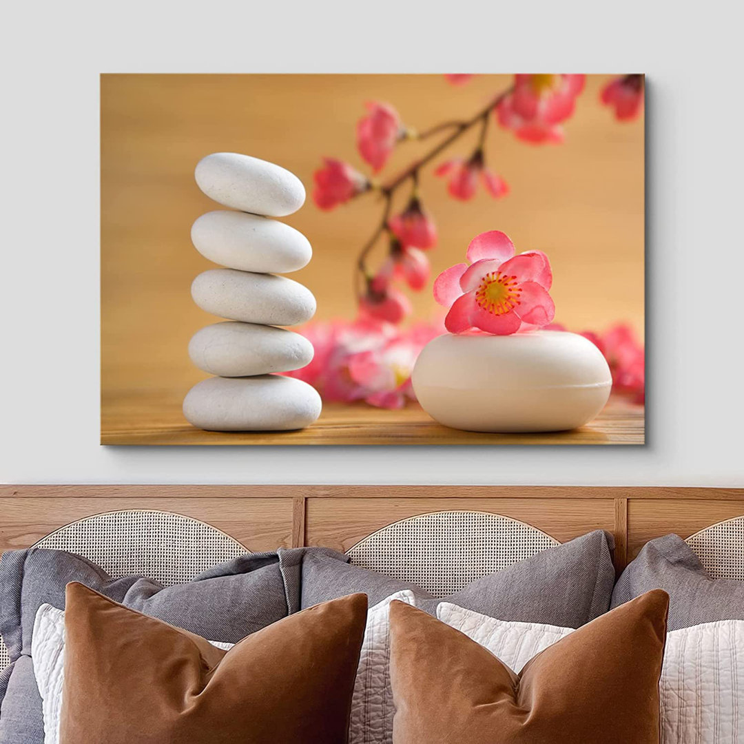 Zen Stones " Zen White Stones With Cherry Blossom Branch " IDEA4WALL