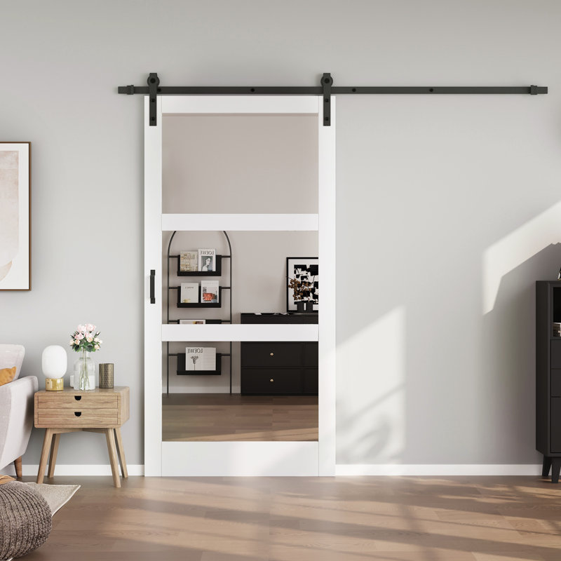 3-Lite 𝗗𝗼𝘂𝗯𝗹𝗲-𝘀𝗶𝗱𝗲𝗱 𝗠𝗶𝗿𝗿𝗼𝗿 Glass Barn Door Sliding Solid Manufactured Wood Interior Doors with Hardware Kit