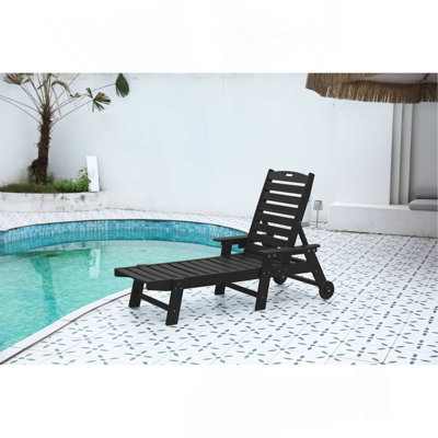 Lounge Chair Outdoor With Wood Texture,Oversized Chaise Lounge Chair With 5 Positions, HDPE, Patio Lounge Chair With Wheels & Cup Holder For Pool, Deck, Poolside