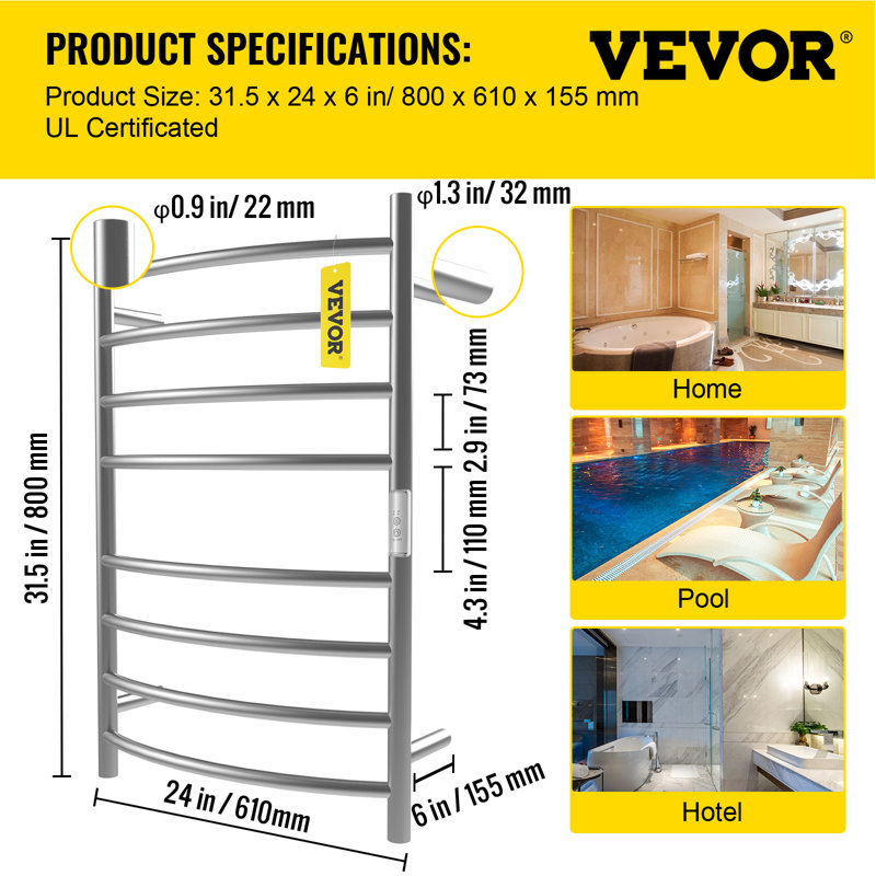 Chauffe-serviettes électrique avec minuterie intégrée, H 31,5 po x l 24 po x P 6 po