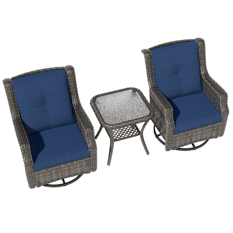 Ensemble de conversation pivotante en osier 3 pièces avec table d'appoint, Blue