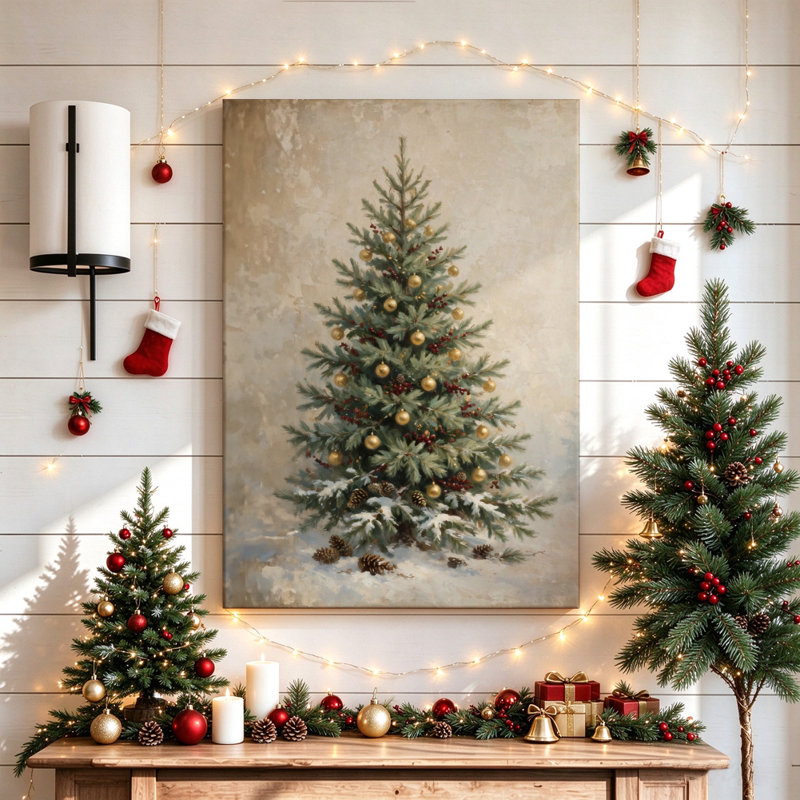 Arbre de Noël rétro, art mural sur toile, 24 x 16 po, 24" H x 16" W, Does Not Apply