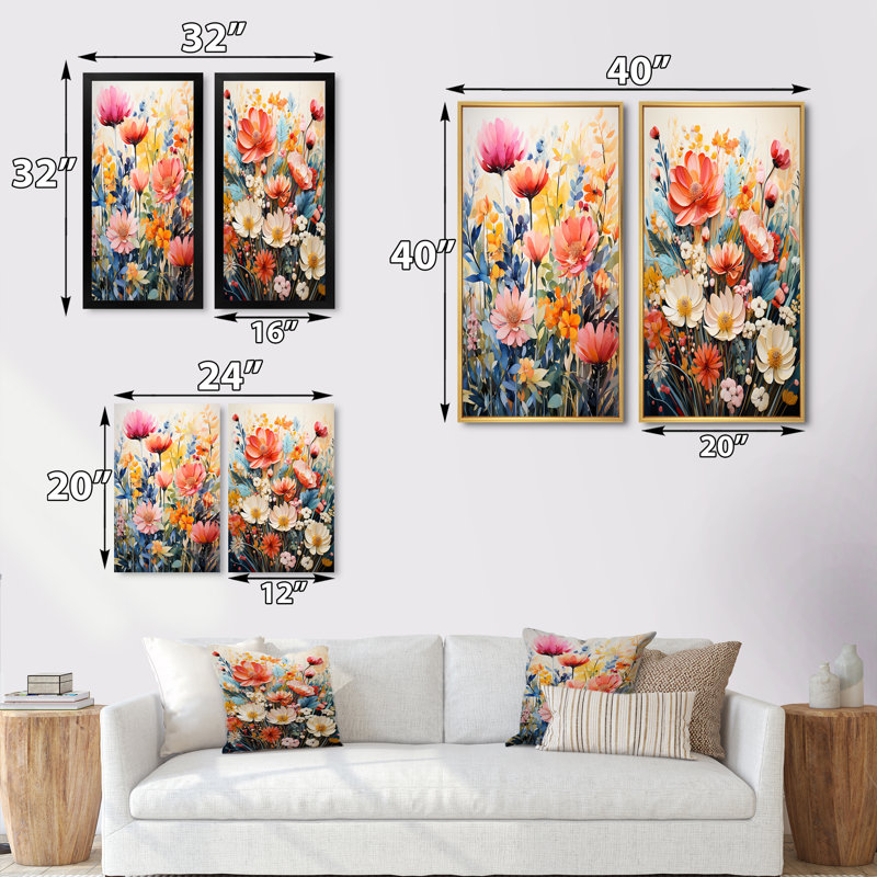 " Multicolored Flowers Collage " 2 - Pieces, Brown Framed, 40" H x 40" W