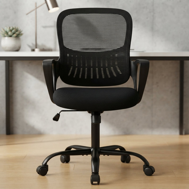 Chaise de bureau ergonomique en maille avec dossier profilé, hauteur réglable et pivotante à 360°, Main courante fixe, Noir