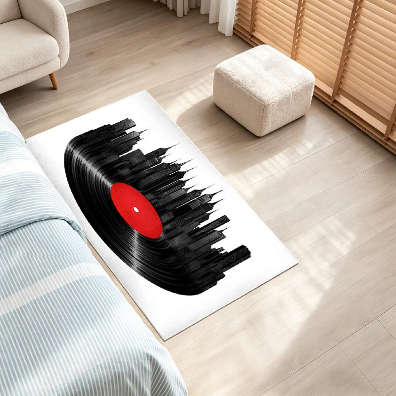 Tapis d'intérieur noir avec disque vinyle City Wash Music, Rectangle 32" x 47"