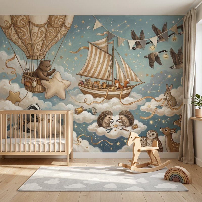 Papier peint amovible à montgolfière avec étoiles, 140 po x 108 po, Peler et coller