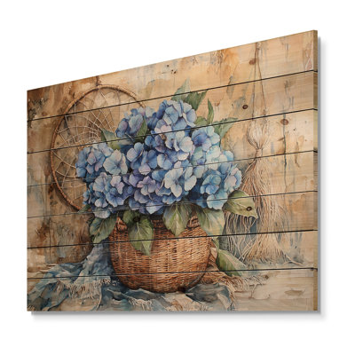 Boho Blue Hydrangea Bliss II - Hydrangea Wood Wall Decor - On Natural Pine Wood