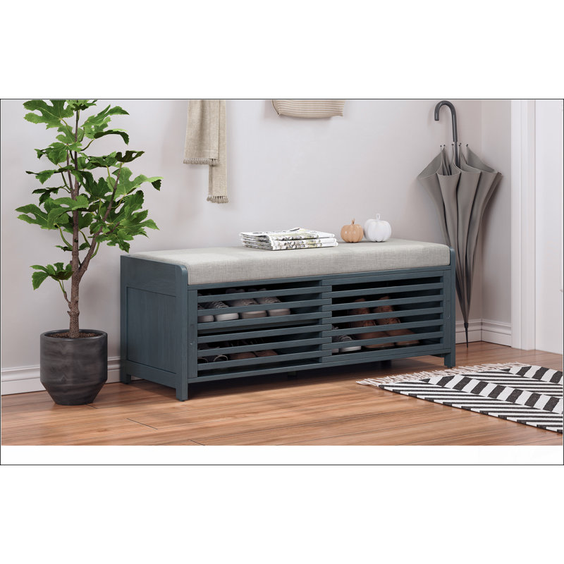 Banc de rangement à volets vieillis avec placage d'acacia pour un charme rétro pour le salon, le vestibule (), Marine