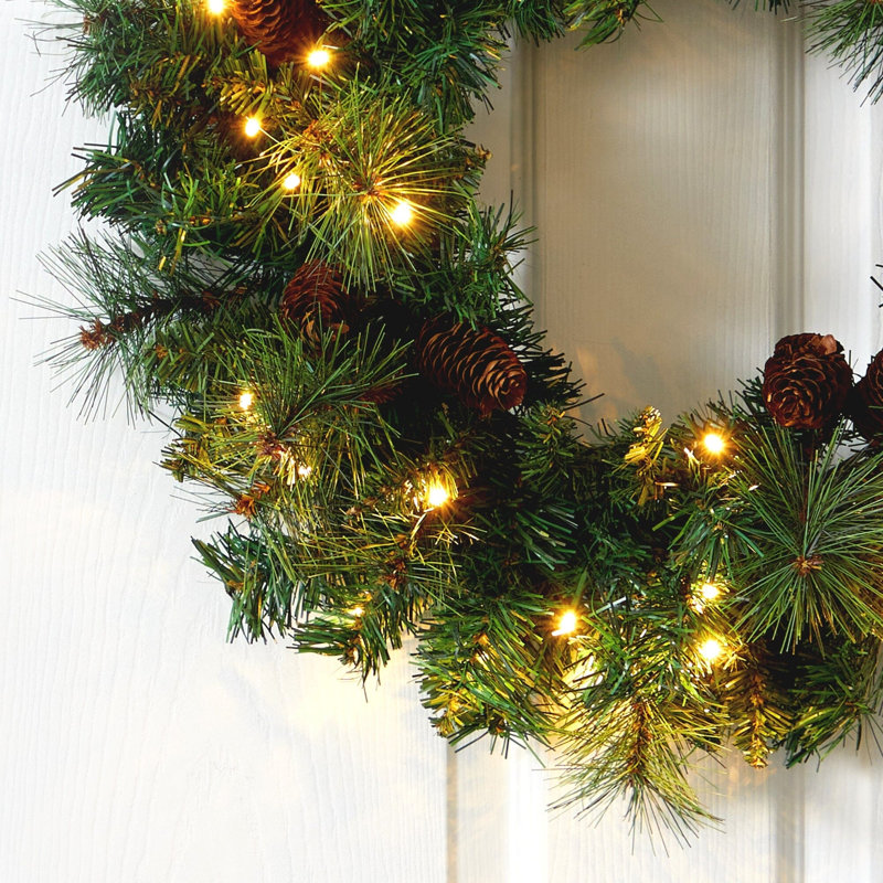 Mixed Pine and Pinecone Christmas Wreath with Clear LED Lights