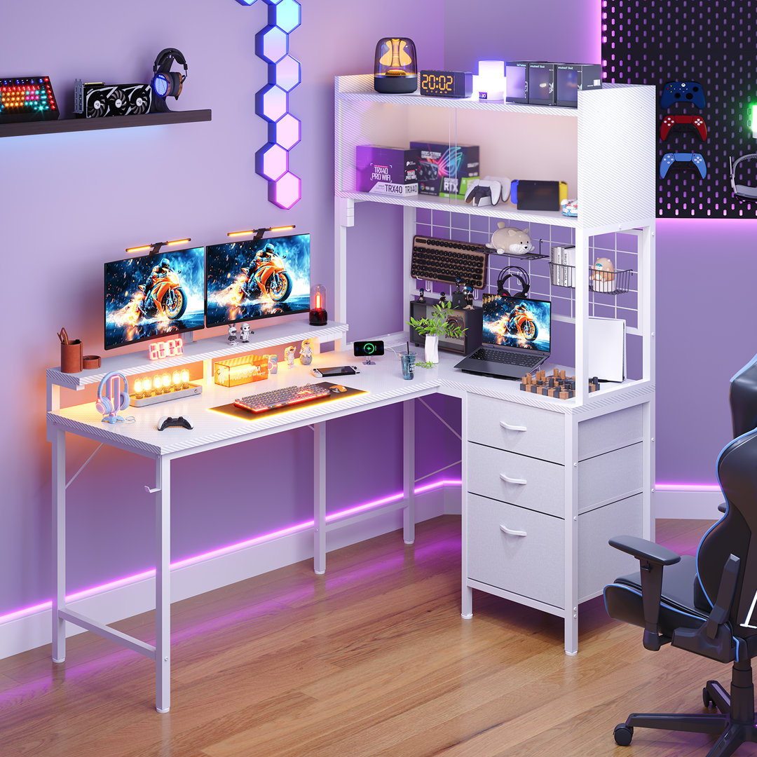 L-Shaped Corner Desk Home Office & Gaming Table with LED,Power Outlets,Drawers,Grid Board