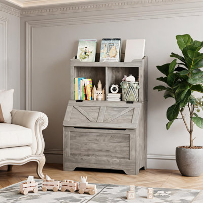 31 x 16 x 48 in Flip Top Kids Bookcase with Storage Shelves, Engineered Wood Childrens Book Cabinet for Bedroom Playroom Nursery Living Room Classroom Home Organization, Grey