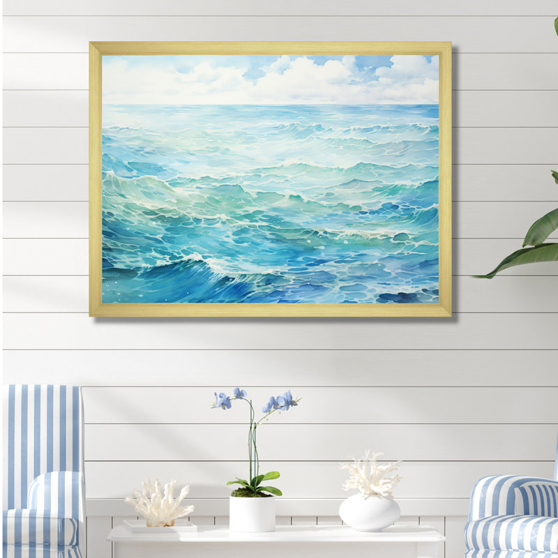 «Blue Ocean In Motion Scenery V», art mural sur toile océan, 24" H x 32" W, White Picture Framed