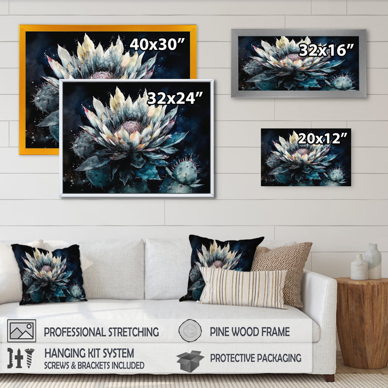 Ryou, fleur de cactus vert sur toile, H 30 po x l 40 po x P 1,5 po, Cadre flottant noir
