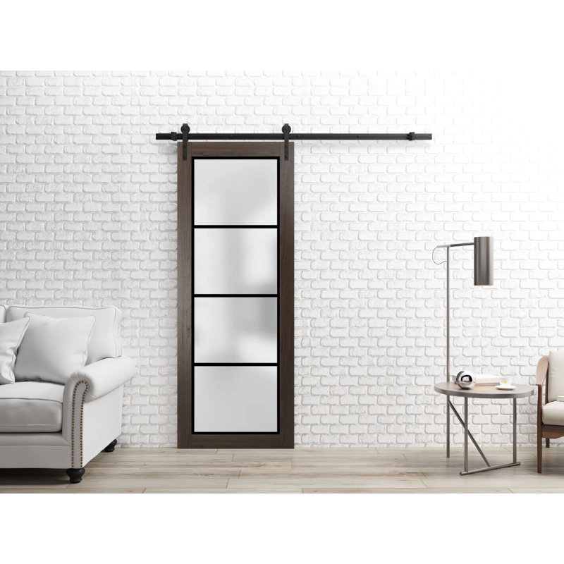 Porte de grange robuste en verre trempé dépoli Planum 2132 Frêne Chocolat, rail noir de 2 m (6,6 pi), quincaillerie robuste, portes intérieures modernes à panneaux pleins - 91,4 cm x 243,8 cm (36 po x 96 po) - Rail noir