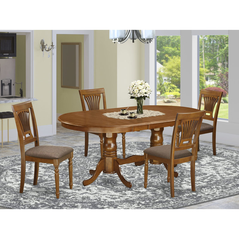 Ensemble de 5 pièces pour salle à manger pour 4 personnes comprenant une table de salle à manger ovale avec rallonge papillon et 4 chaises de salle à manger en lin, brun selle