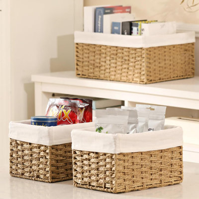 Panier en osier, ensemble de 3 paniers de rangement tissés à la main pour l'organisation, paniers de rangement rectangulaires en osier avec poignées, petits paniers de rangement en papier hygiénique pour tablettes et décoration
