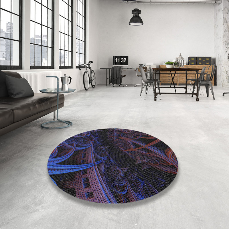 Tapis bleu/noir à motifs, Rond 6 pi