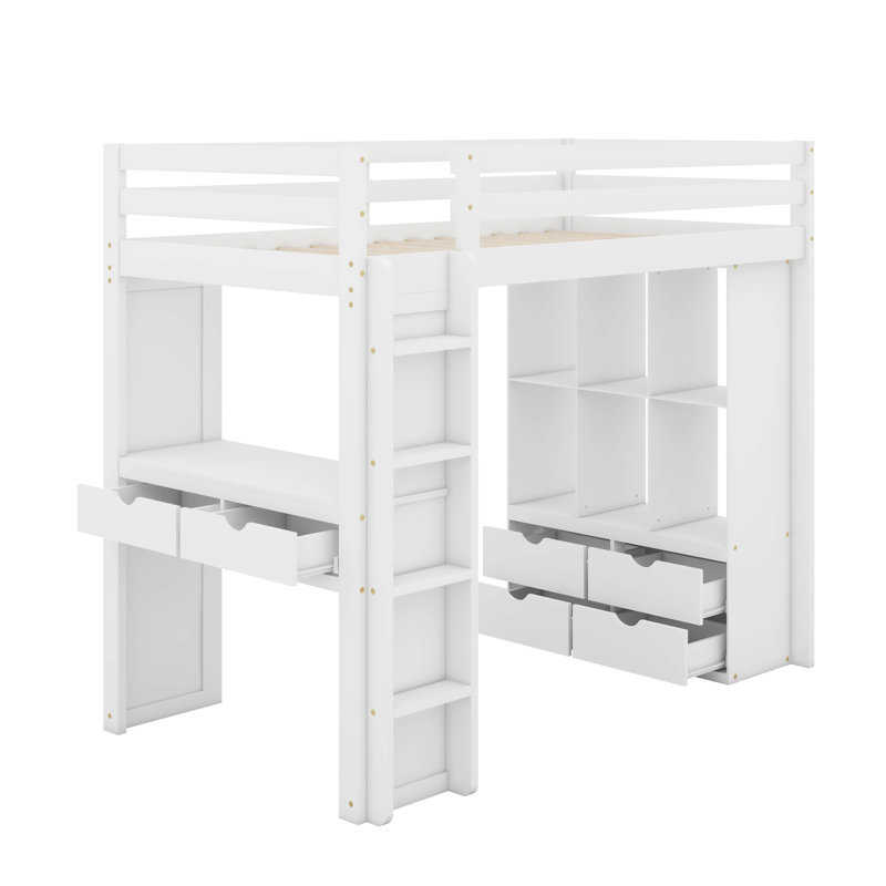 Lit mezzanine simple avec grandes tablettes, bureau et DEL, Blanc