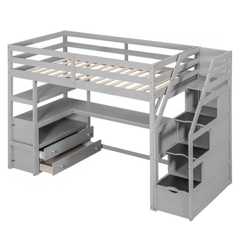 Lit mezzanine simple avec bureau et tablettes, deux tiroirs intégrés, escalier de rangement, gris, Lit simple, Gris