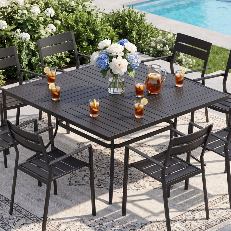 Table de salle à manger carrée pour l'extérieur avec trou pour parasol 8 personnes, Black / Does Not Apply