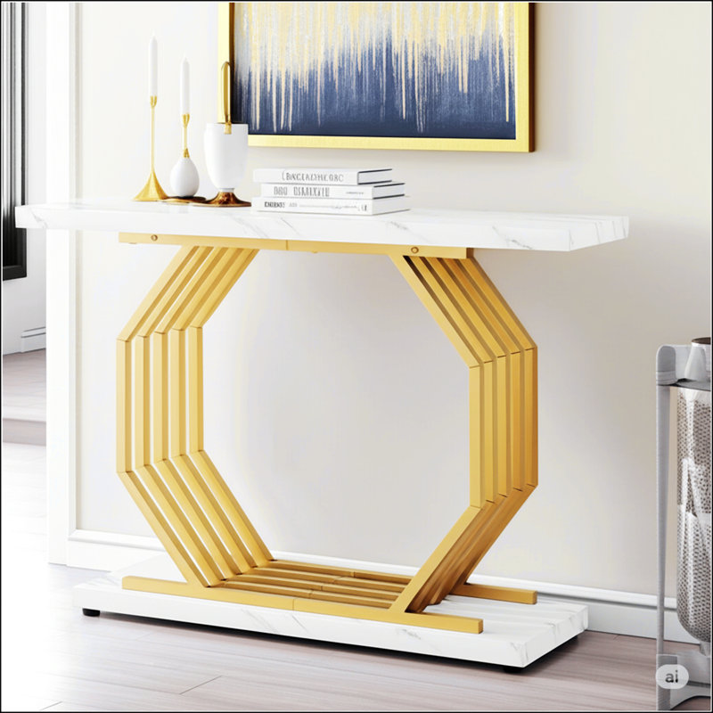 Console moderne avec plateau en faux marbre et base en métal géométrique, idéale pour le vestibule, le canapé, le couloir, ajoutant de l'élégance aux espaces de vie