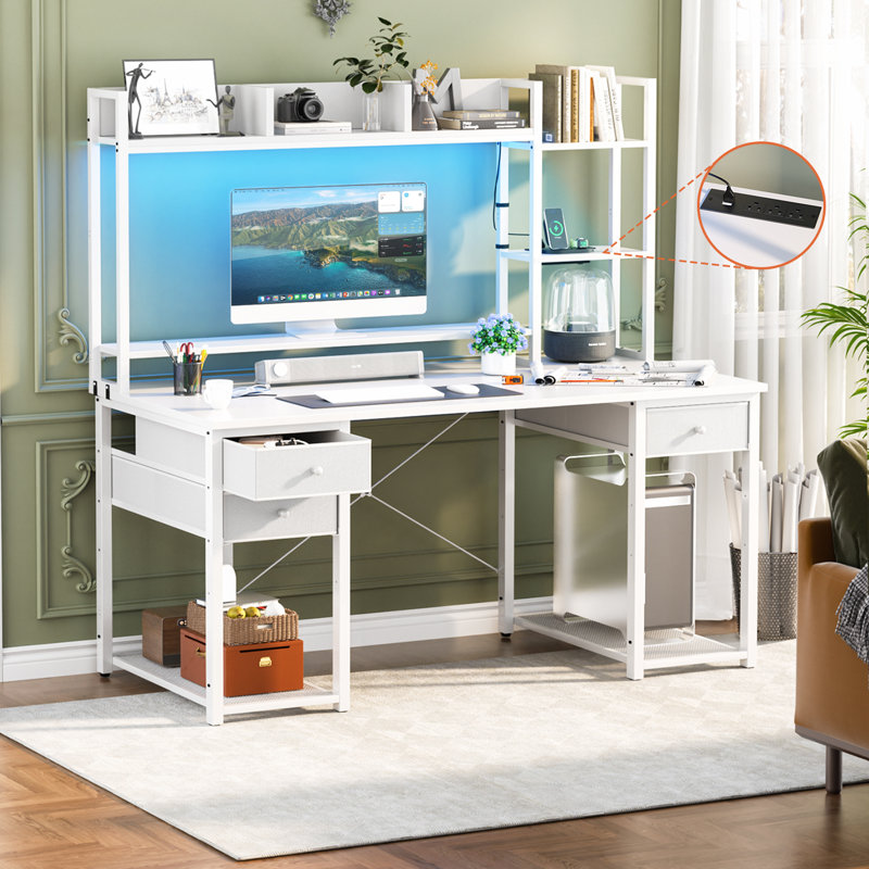 Computer Desk with Hutch, Storage Shelves, Power Outlets & LED Lights, White, 47.2" H x 18.9" W x 29.5" D