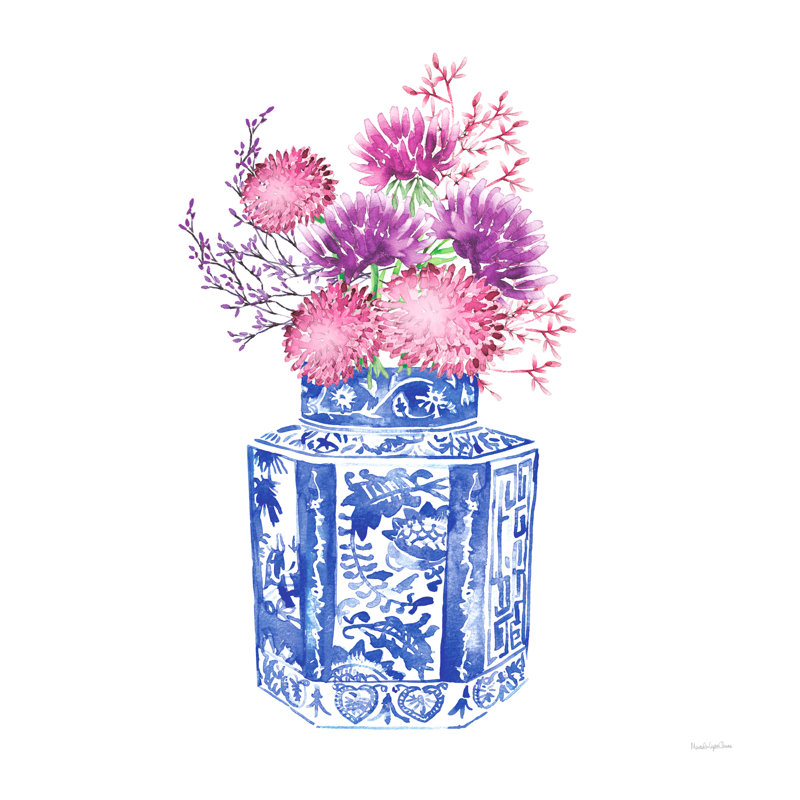 Vase Chinoiserie, bouquet de verre, floral, fleurs, mauve, rose, bleu, sur blanc, H 24 po x l 48 po x P 1,5 po