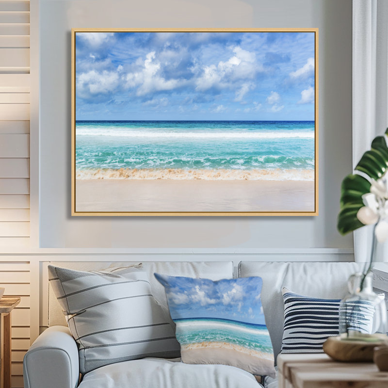 « Tranquil Beach Under White Clouds » - Impression, H 30 po x l 40 po, Reproduction avec cadre flottant, Érable