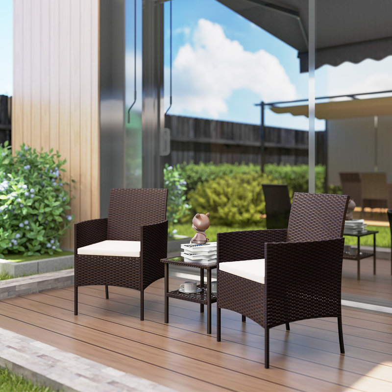 Ensemble bistro 3 pièces en osier avec coussins, beige