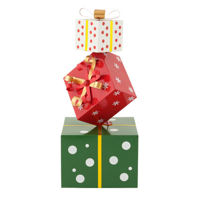 Yuletide 41" Traditional Stacked Metal Christmas Gift Box Decor with Golden Bows