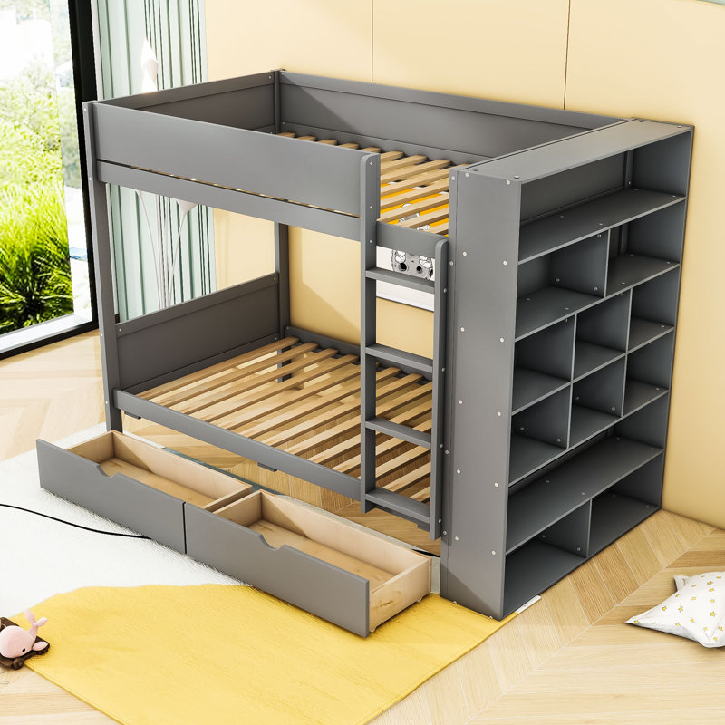 Lit superposé en bois Huesman avec deux tiroirs de rangement et tablettes multicouches, Lit superposé simple sur simple, Gris