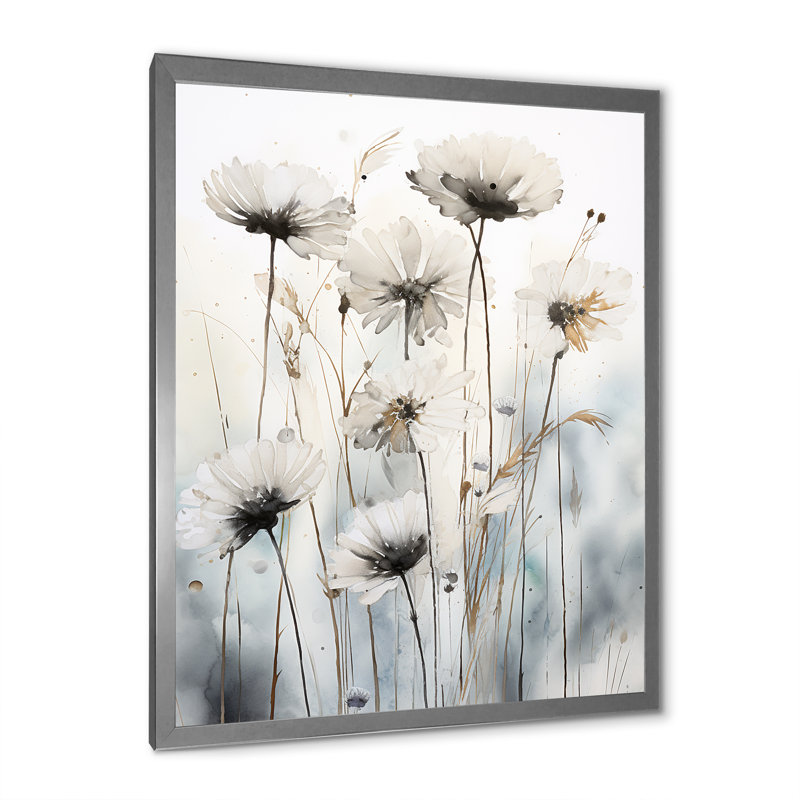 «Minimal White Ang Grey Cornflowers Expression», reproduction sur toile, Cadre simple argenté, H 32 po x l 24 po x P 1 po