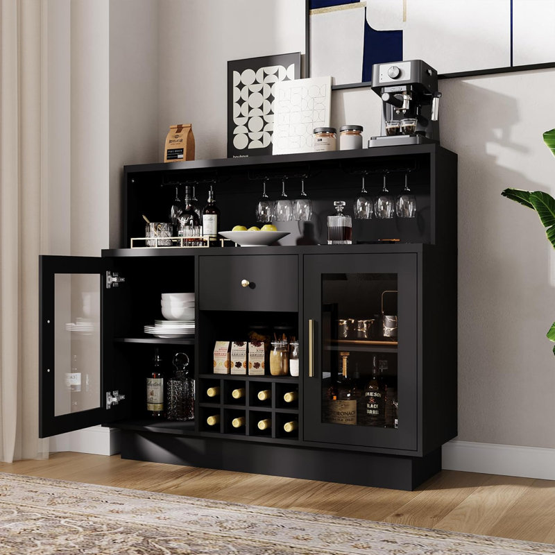 Armoire de bar à vin et à café de 47 po avec lumières DEL, support de bar moderne avec rangement pour le verre et les bouteilles