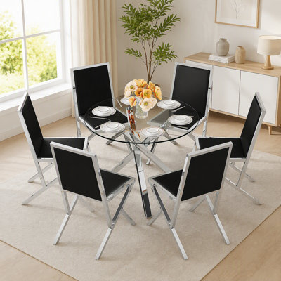 Modern 39 Inch Round Glass Dining Table Set, X-Shaped Silver Metal Base, with 4 Black PU Chairs
