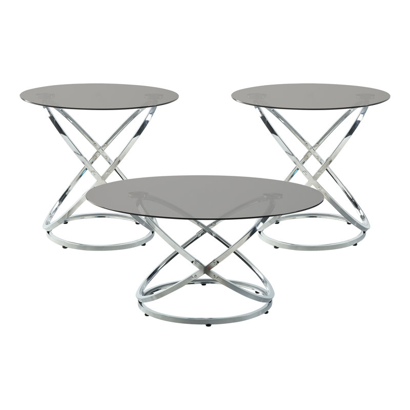 Élégante table d'appoint 3 avec pieds en verre noir trempé et base en métal