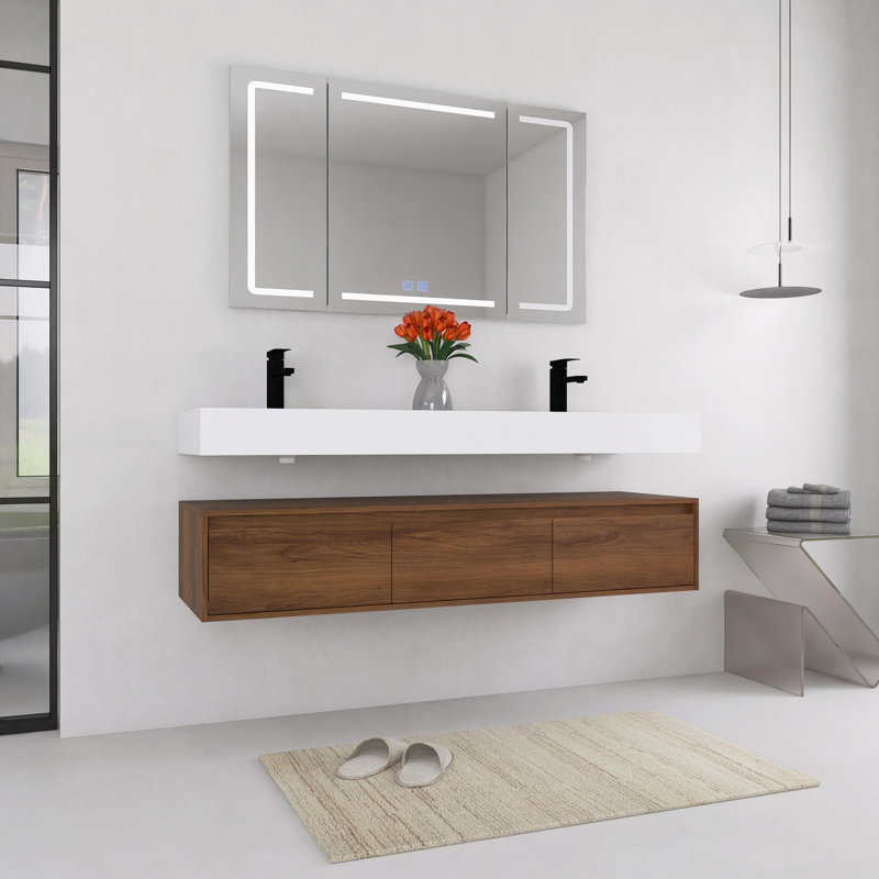 Double meuble-lavabo mural avec lavabo en résine, 3 tiroirs à fermeture en douceur, fixation à flotteur, Brun ébène, 60.12"