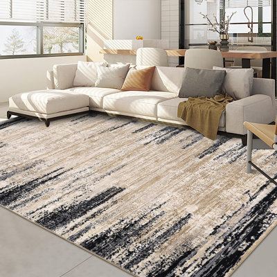 Tapis de salon 9 x 12 moderne à rayures abstraites, lavable, facile à nettoyer, antidérapant, antidérapant, couvre-tapis, intérieur, résistant aux taches, tapis à poils courts, pour chambre d'enfant, noir