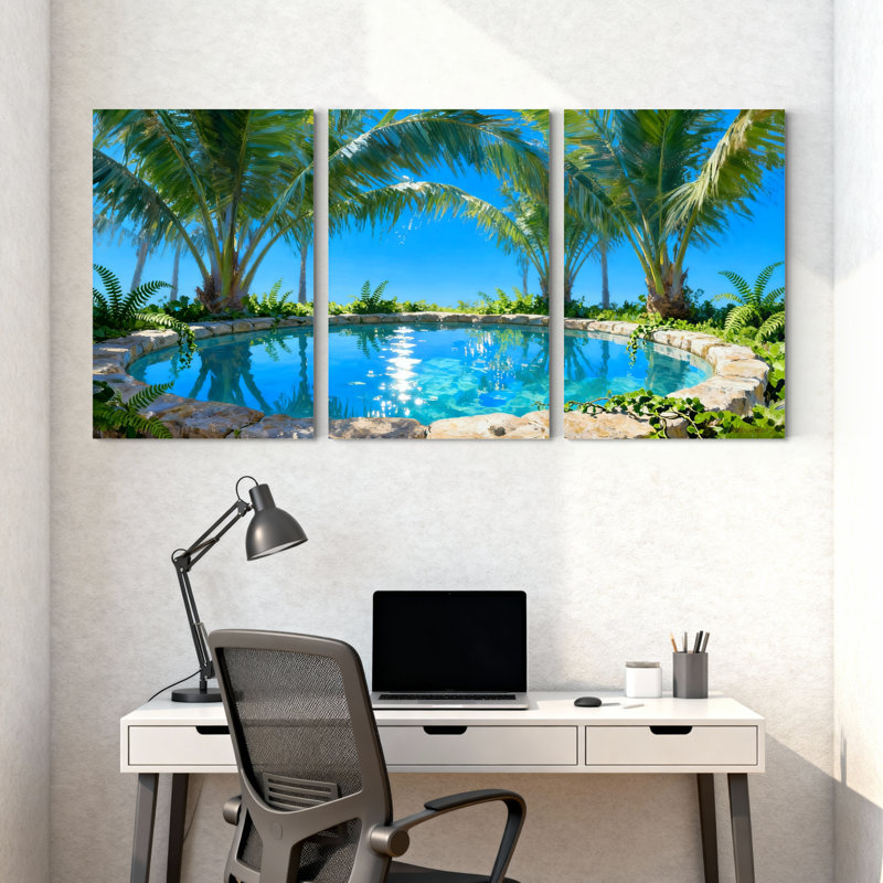 Palmiers, piscine tropicale, palmiers, reflet du ciel, jardin d'eau, ensemble de 3 impressions sur toile, H 30 po x l 60 po